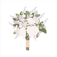 bouquet da sposa bianco con fiori rosa, peonia, eucalipto, foglie verdi. bouquet di cartoni animati con nastro per le vacanze. arrangiamenti per matrimoni da sposa boho. illustrazione piatta disegnata a mano vettore