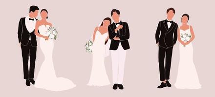 set di silhouette astratta di sposi sposo e sposa. donna con bouquet e ritratto uomo. biglietto d'invito. cerimonia matrimoniale. illustrazione di persone di matrimonio. arredamento con stampa poster per sposi novelli vettore