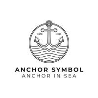 simbolo dell'ancora del distintivo nell'illustrazione del logo artistico della linea del mare o dell'oceano vettore