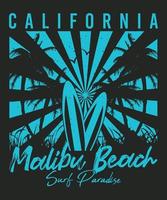 design della maglietta del paradiso del surf della spiaggia di california malibu vettore