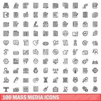 100 icone mass media impostate, stile contorno vettore