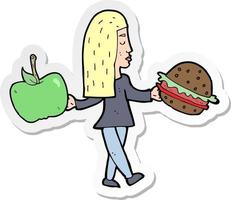 adesivo di una donna cartone animato che decide di mangiare sano vettore