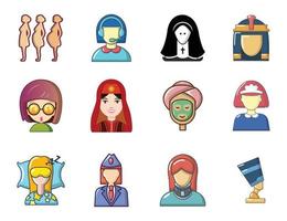 set di icone avatar donna, stile cartone animato vettore