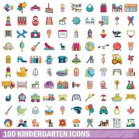 100 set di icone di scuola materna, stile cartone animato vettore