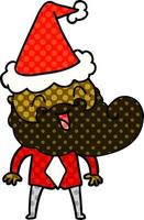 illustrazione disegnata a mano in stile fumetto di un uomo barbuto felice che indossa il cappello di Babbo Natale vettore
