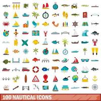 100 set di icone nautiche, stile piatto vettore