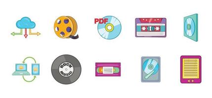 set di icone di informazioni di archiviazione, stile cartone animato vettore