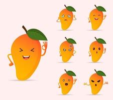 raccolta di icona di design del personaggio dei cartoni animati di frutta mango. felice, arrabbiata e triste diversa espressione del vettore di frutta di mango maturo.
