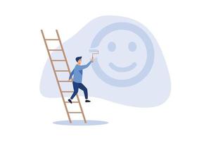 felicità e pensiero positivo, ottimismo o motivazione a vivere il concetto di vita felice, ragazzo felice salire la scala per dipingere la faccia del sorriso sul muro.