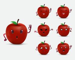 raccolta di icona del design del personaggio dei cartoni animati di frutta mela. felice, arrabbiato e triste diversa espressione del vettore di frutta mela.