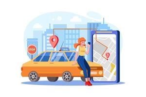 donna vicino allo schermo dello smartphone con percorso e posizione dei punti su una mappa della città sull'auto vettore