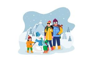 famiglia felice che si gode le vacanze invernali in montagna vettore