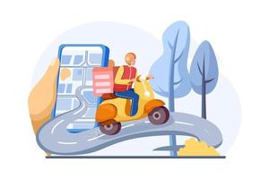 i clienti che ordinano su un'applicazione mobile, il motociclista segue la mappa GPS vettore