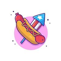 gustoso hotdog usa giorno dell'indipendenza e fuochi d'artificio fumetto vettore icona illustrazione. cibo oggetto icona concetto isolato premium vettore. stile cartone animato piatto