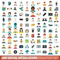 100 icone dei social media impostate, stile piatto vettore