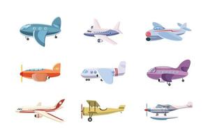 set di icone di aeroplano, stile cartone animato vettore