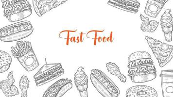 raccolta di fast food con schizzo disegnato a mano per poster modello banner di sfondo vettore