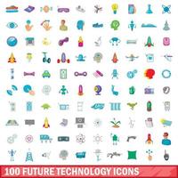 100 icone della tecnologia futura impostate, stile cartone animato vettore