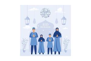 illustrazione della famiglia dice felice eid mubarak con decorazione ketupat. disegno vettoriale in stile piatto