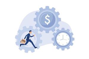 sforzo e tempo per fare soldi, successo investimento a lungo termine, effetto scadenza per far finire il concetto di lavoro, uomo d'affari che corre con tutto lo sforzo all'interno degli ingranaggi degli ingranaggi per far girare gli ingranaggi del tempo e del denaro. vettore