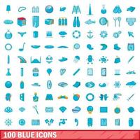 100 icone blu impostate, stile cartone animato vettore
