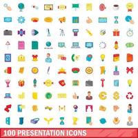 100 icone di presentazione impostate, stile cartone animato vettore
