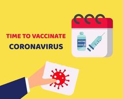 tempo di vaccinare il concetto di coronavirus. ci sono virus che tirano o uccidono a mano e nel calendario della nuova pagina c'è il vaccino covid-19. stile vettoriale cartone animato per il tuo design.