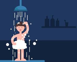 un ragazzo sta facendo la doccia in bagno. stile vettoriale cartone animato per il tuo design.