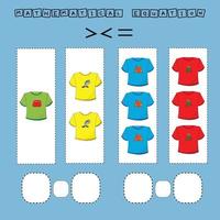 problema di matematica maggiore, minore o uguale. conta il numero di t-shirt e confronta. gioco di matematica educativo per bambini. vettore