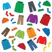 un set di vestiti per un bambino per maglione primaverile, pantaloni, gilet, cappello, scarpe da ginnastica, occhiali da sole. vestito per un bambino in primavera vettore