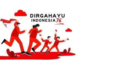 17 agosto. indonesia felice giorno dell'indipendenza biglietto di auguri con la famiglia, i bambini si divertono insieme per 76 anni libertà indonesiana vettore