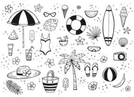 set da spiaggia estivo disegnato a mano. raccolta di elementi di scrapbooking per feste in spiaggia. vettore