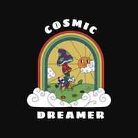 sognatore cosmico. funghi, arcobaleno e sole in stile vintage. per stampe di magliette e altri usi. vettore