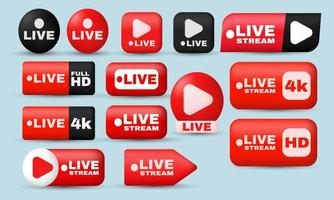 unico realistico set rosso social media live streaming full hd 3d icona design isolato su vettore