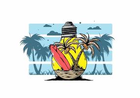albero di cocco e tavola da surf in un'illustrazione della lampada della lampadina vettore