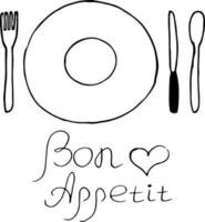 piatto, cucchiaio, forchetta, coltello e scritte bon appetit. stile doodle disegnato a mano. , minimalismo, monocromatico, schizzo. modello per carta, poster, set da tavola adesivo piatti posate pranzo cibo vettore