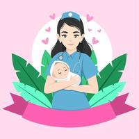 illustrazione vettoriale di un'ostetrica che tiene un bambino in braccio. giornata internazionale dell'ostetrica.