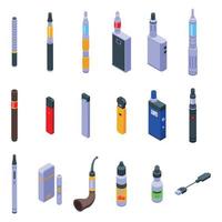 Le icone degli accessori per sigarette elettroniche impostano il vettore isometrico. cotone liquido