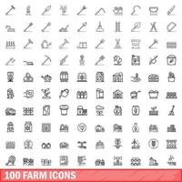 100 icone di fattoria impostate, stile contorno vettore