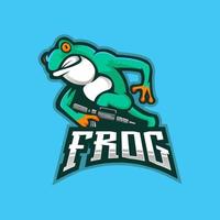 disegno del logo della mascotte della rana. illustrazione di una rana di guerra che trasporta un'arma per il gioco vettore