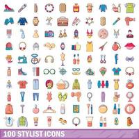 100 set di icone stilista, stile cartone animato vettore