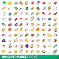 100 set di icone di supermercato, stile 3d isometrico vettore