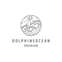 design del logo dell'oceano dei delfini con grafica al tratto su sfondo bianco vettore