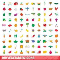 100 set di icone di verdure, stile cartone animato vettore