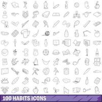 100 icone di abitudini impostate, stile contorno vettore