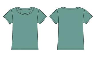 t-shirt a maniche corte tecnica moda schizzo piatto illustrazione vettoriale modello di colore verde per donne e bambine