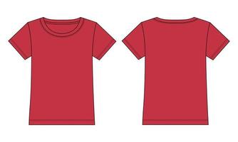 t-shirt a maniche corte tecnica moda schizzo piatto illustrazione vettoriale modello di colore rosso per donne e bambine