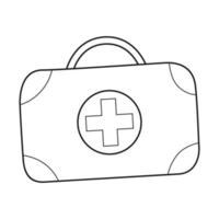 doodle kit medico turistico. una valigia portatile con medicinali per auto, campeggio, escursionismo, a casa. contorno illustrazione vettoriale in bianco e nero isolato su uno sfondo bianco.