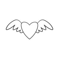 un cuore con le ali. elemento decorativo per San Valentino. un semplice oggetto di design a contorno singolo viene disegnato a mano e isolato su uno sfondo bianco. illustrazione vettoriale in bianco e nero.stile doodle.