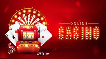 casinò online, bandiera rossa con slot machine rossa, carte da gioco, fiches da poker e fortuna della ruota del casinò vettore